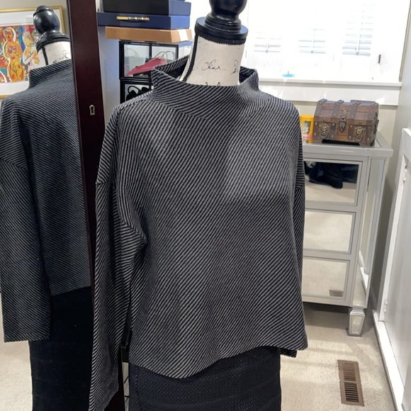 NWT Eileen Fisher diagonal stripe funnel neck sweater Italian Extra fine Merino - Picture 3 of 5